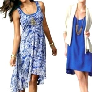 CAbi Willow Double Dress sz L  Blue Floral asymetrical hem sleeveless SPRING